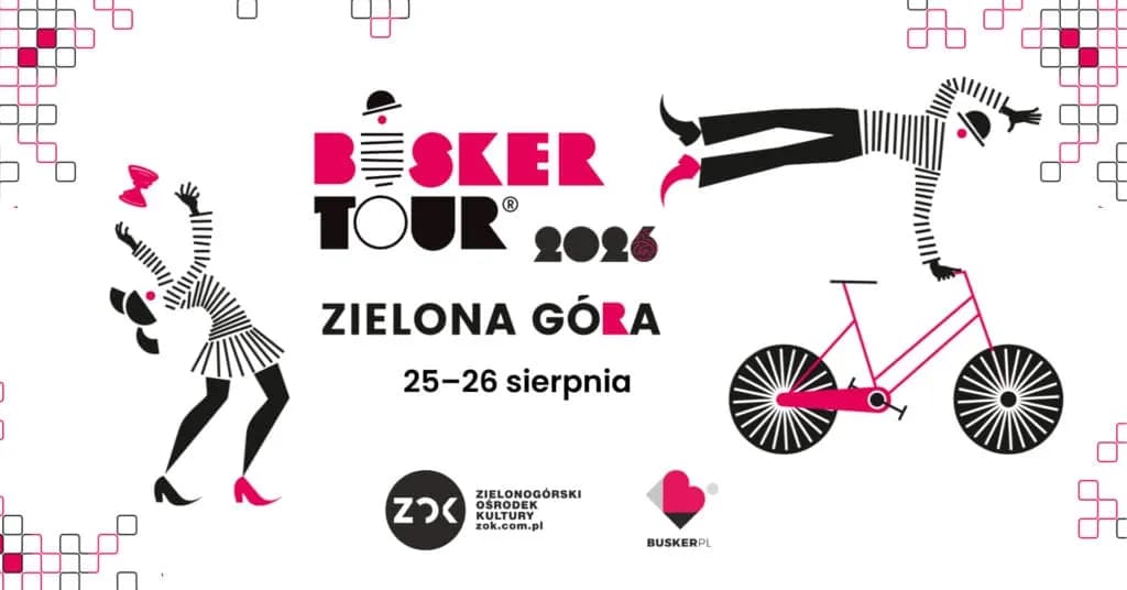 A minimalist white poster advertising the Busker Tour 2026 in Zielona Góra, featuring two stylized figures in black and white stripes with pink accents, one juggling and the other balancing on a pink bicycle, surrounded by a pattern of pink and white squares.